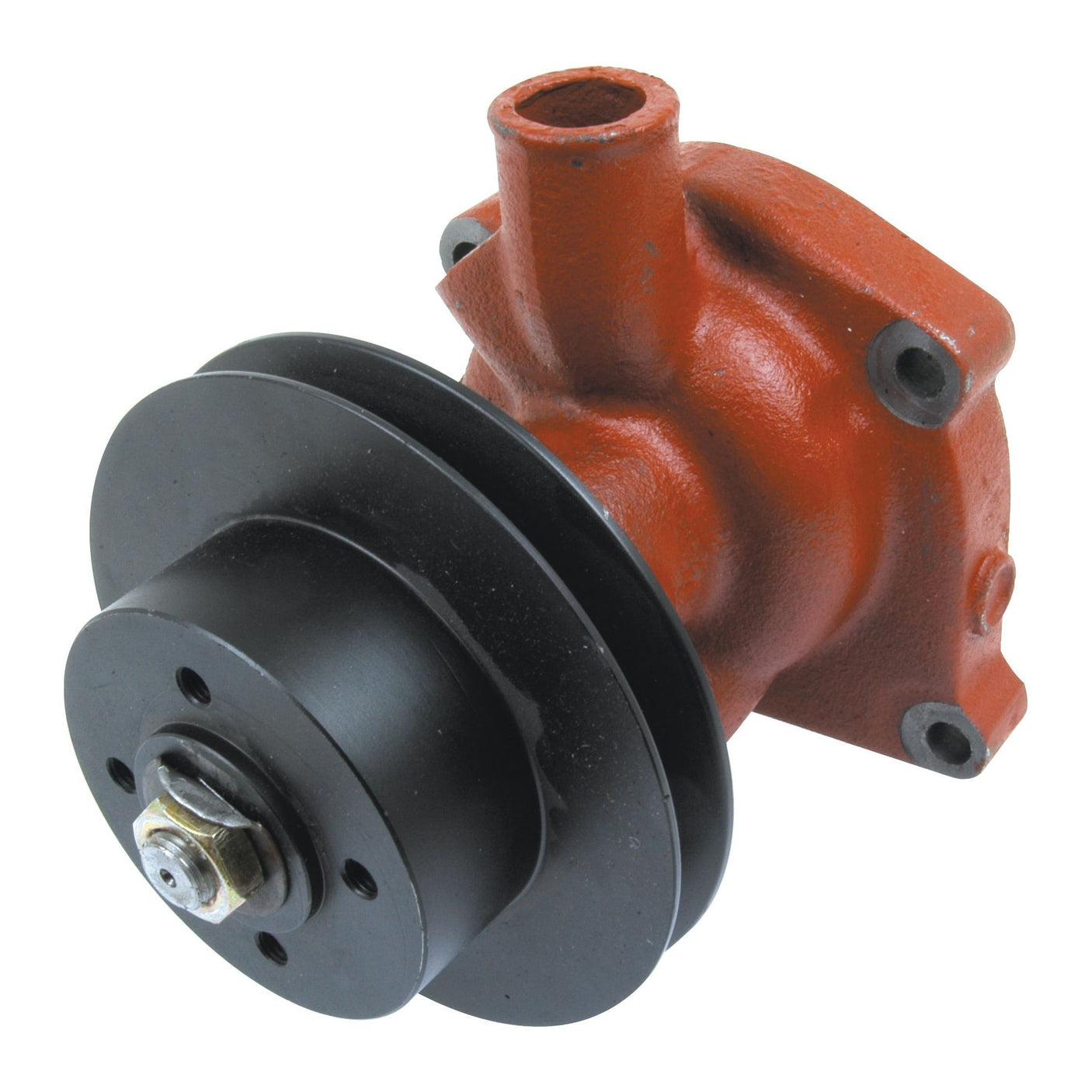 The Sparex Water Pump Assembly (Supplied with Pulley), Part No. S.68702, features a durable metal construction with an orange body and a black V-Style Pulley attached. Designed specifically for Zetor 3320 models, this assembly includes a central bolt and multiple mounting holes, making it versatile for various applications.