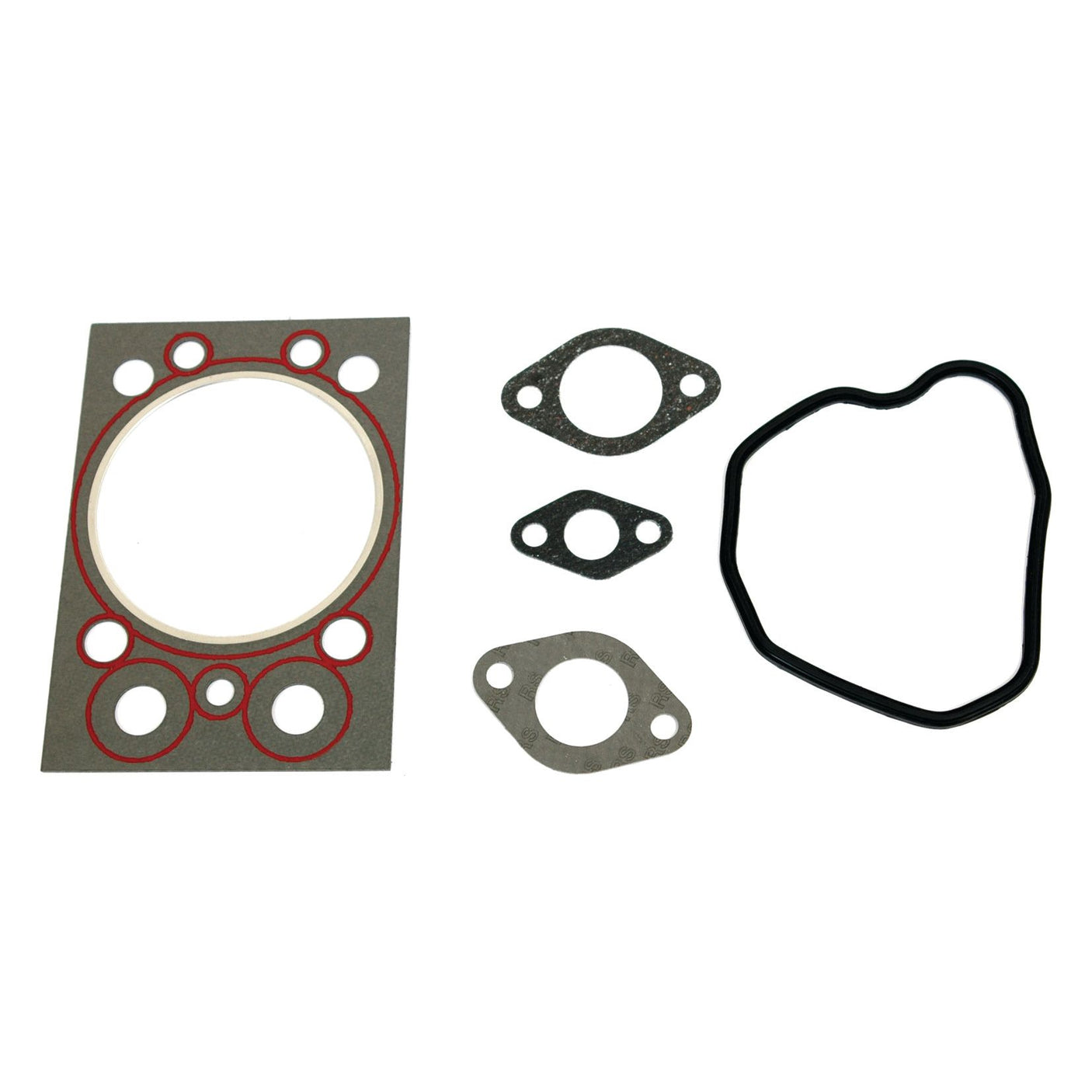 An arrangement of five variously shaped gaskets, comprising a large rectangular gasket, two small oval gaskets, a circular metal gasket, and an irregularly shaped black rubber gasket from the Sparex Top Gasket Set (Sparex Part No. S.68781) designed for Zetor engines.