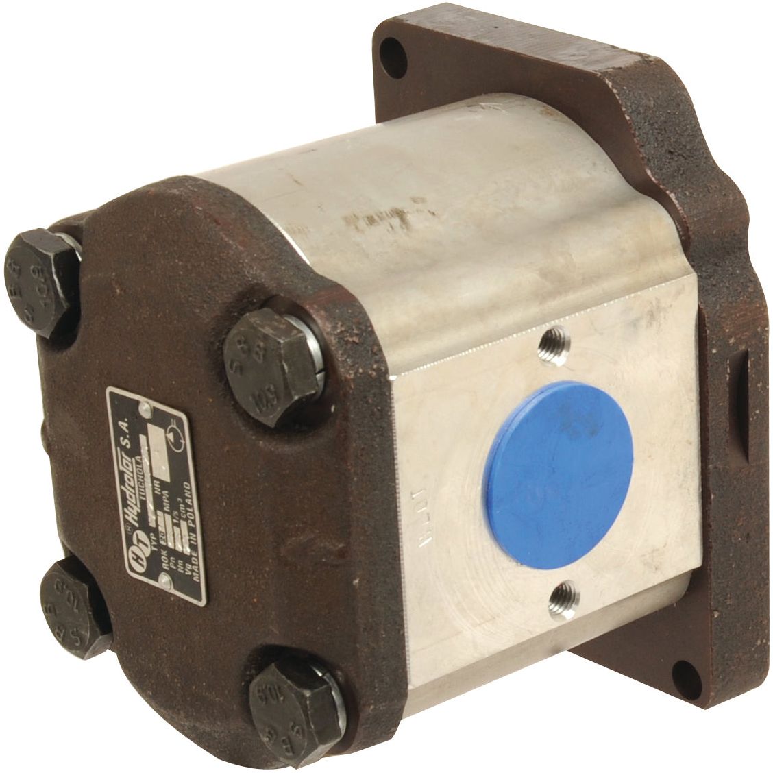 The Sparex Single Hydraulic Pump S.68816, identified by product numbers 53420910 and 78420903, comes with a rectangular mounting flange featuring four bolts and a blue plastic cap on one end, making it ideal for Zetor machinery.