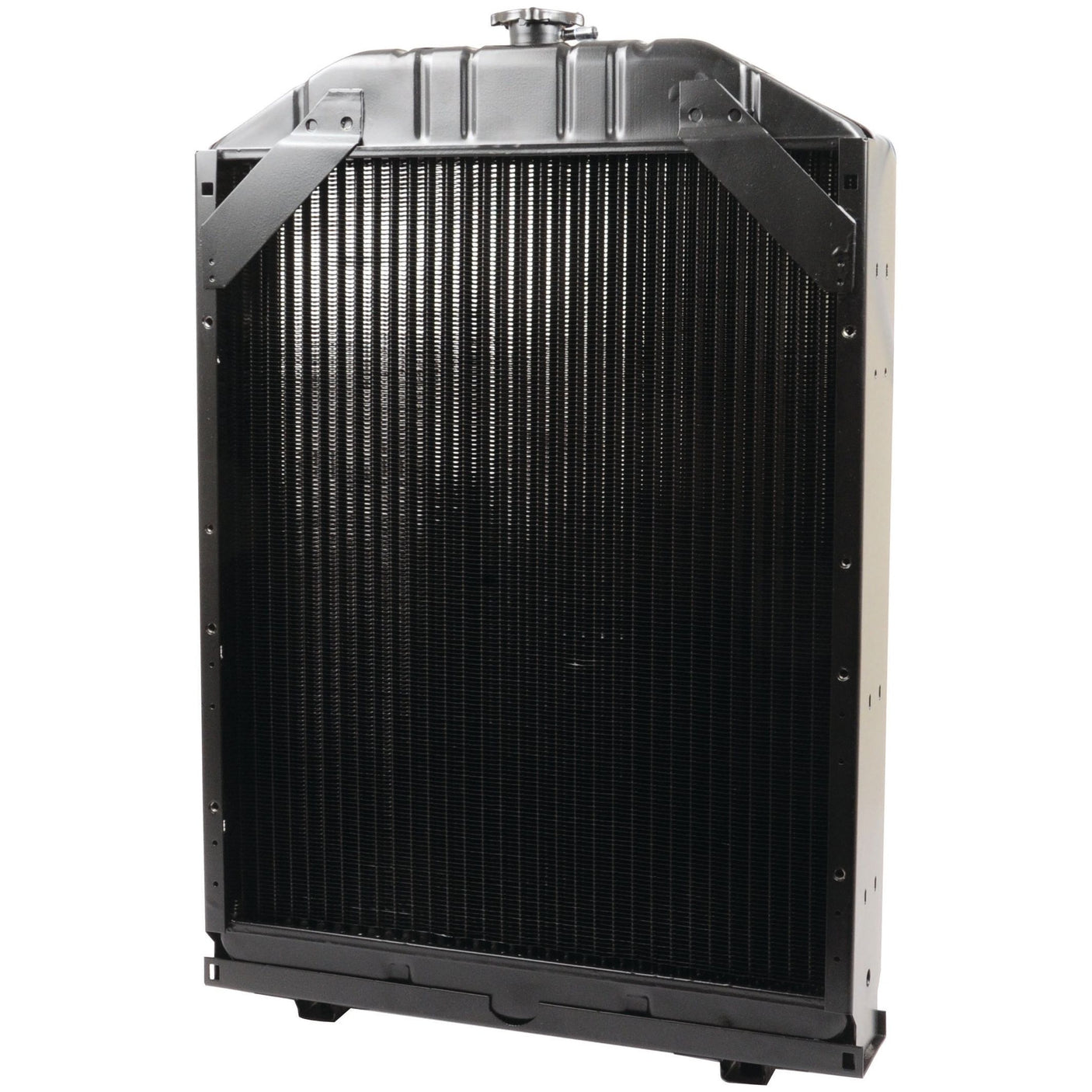 Image of the Radiator - S.68842 by Sparex, standing upright against a white background. This 770mm metal automobile radiator features a black cooling grid and a metal frame with a cap on the top.