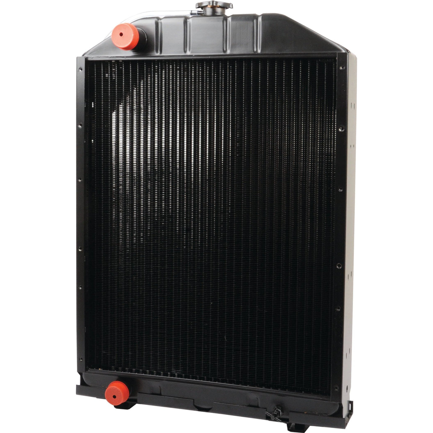 The Sparex Radiator - S.68842 is a sturdy, black, rectangular-shaped vehicle radiator. It features a metal cooling fin grid, two red-capped hose connections at the top and bottom, and a cap on the top side. This durable radiator measures 770mm in height.