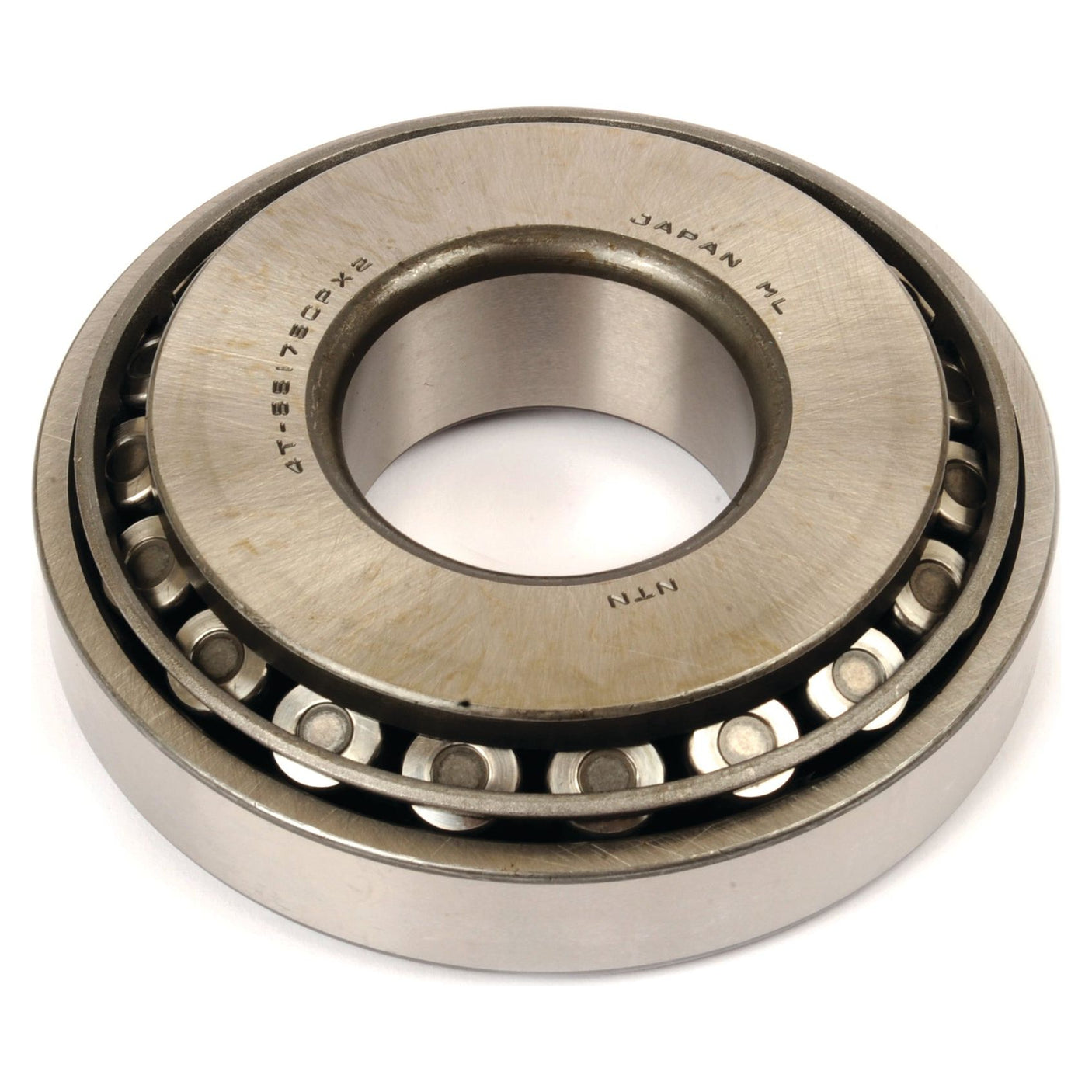 A close-up photo of a cylindrical roller bearing with the text "Japan HL" and "NTN" engraved on the metal surface, similar to the high-quality Sparex Taper Roller Bearing (4T-55175C/55437) - S.68845 from Sparex.