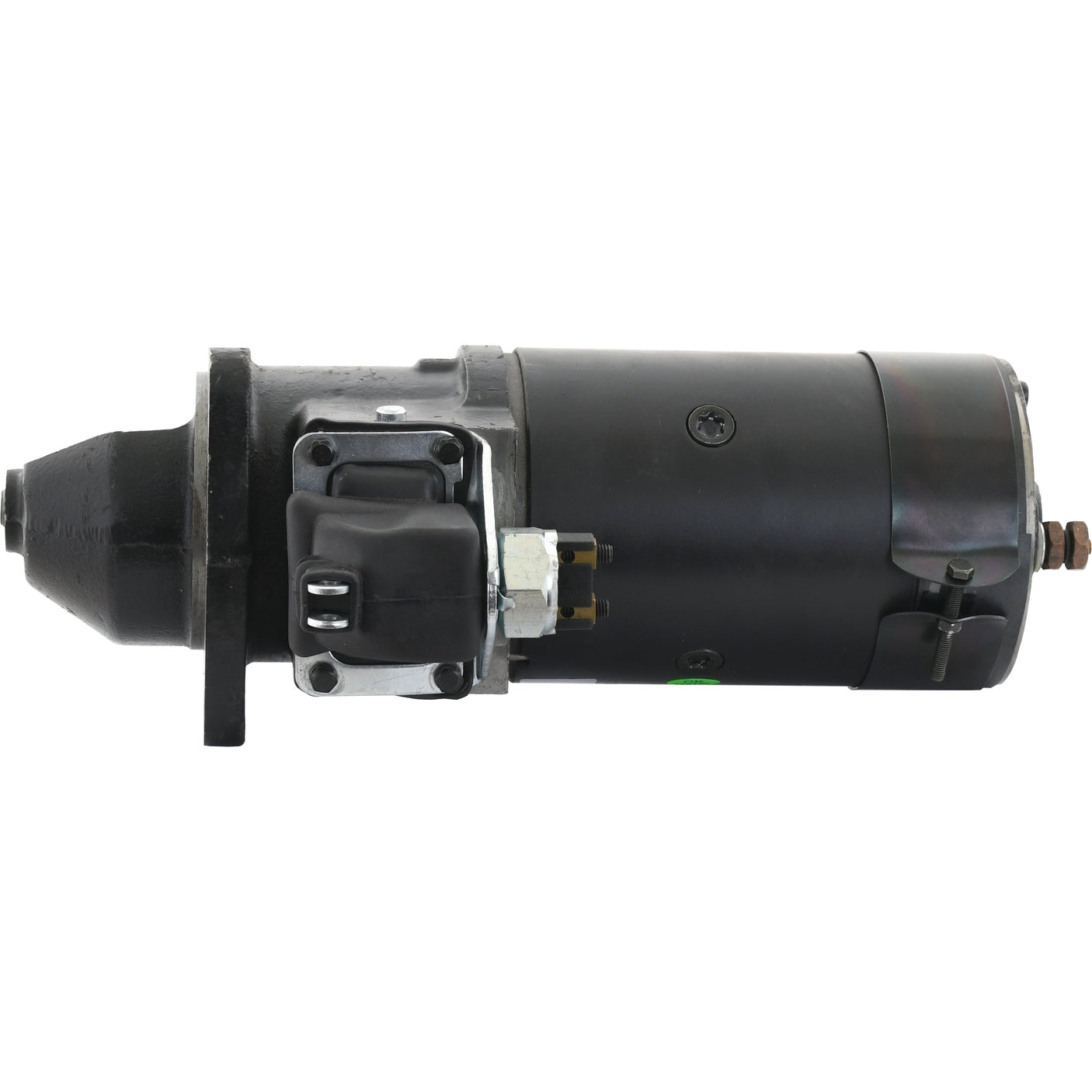 A side-view of the Sparex Starter Motor - 12V, 2.2Kw (Sparex Part No.S.68934), a cylindrical black and metallic unit with wiring components, designed for Massey Ferguson and Ford / New Holland, set against a plain white background.