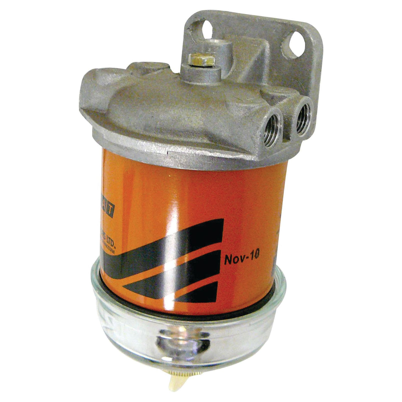 A cylindrical, orange and gray Sparex fuel filter assembly (Sparex Part No.S.68968) featuring a metal mounting bracket and two top connection points labeled "Nov-10," compatible with Fiat or Allis Chalmers equipment.