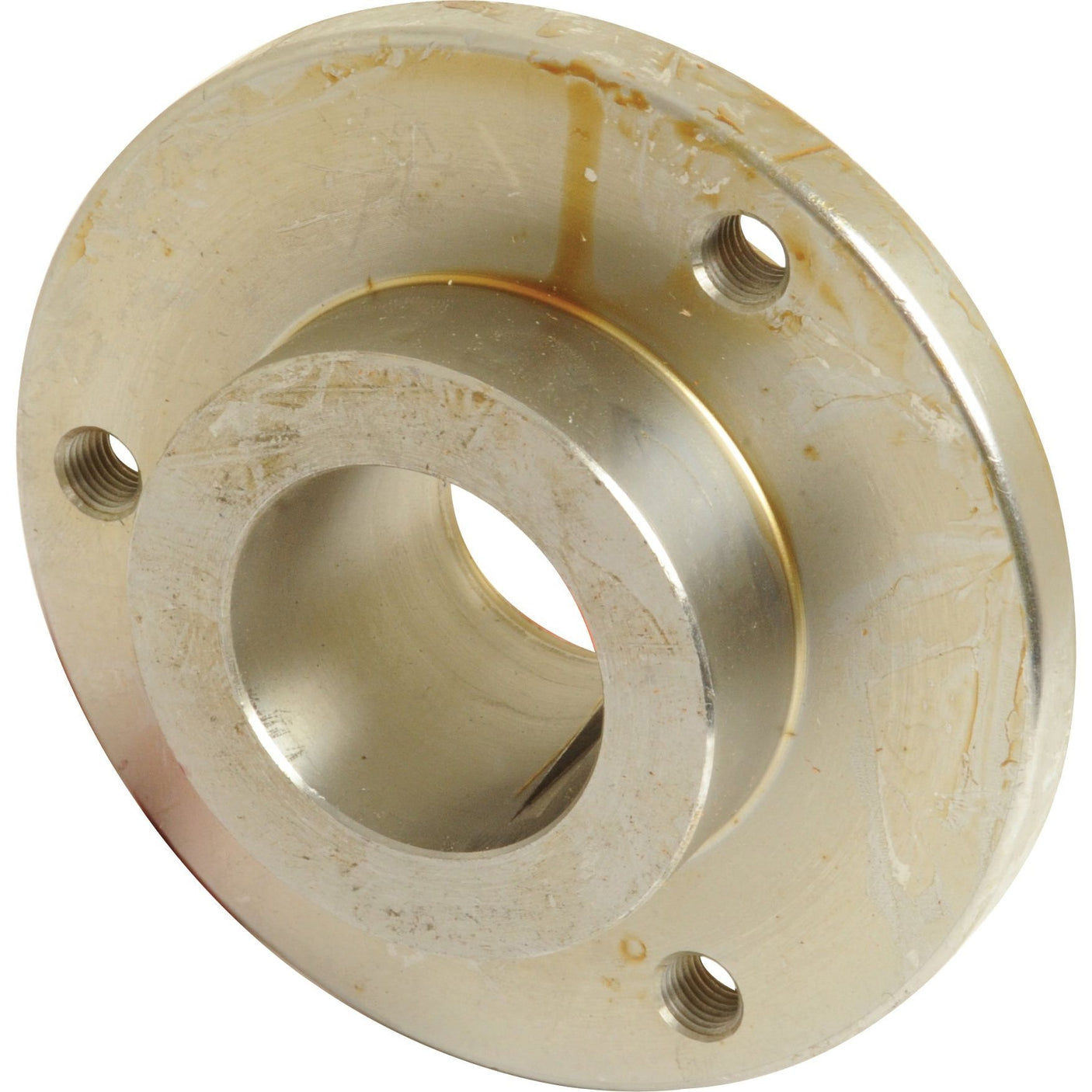 A close-up image of a Sparex Crankshaft Hub (Part No. S.68973) with a central hole and three smaller threaded holes, covered in a light coating of oil or grease. The metal appears slightly worn with visible scratches.