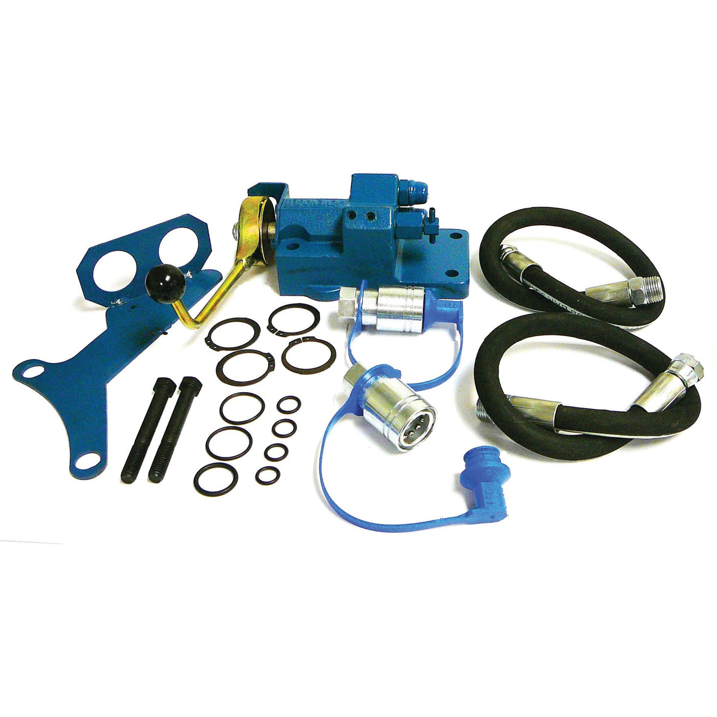 A Remote Hydraulic Control Kit (Sparex Part No. S.68981) from Sparex, complete with various components such as hoses, O-rings, bolts, and brackets. Perfect for Ford tractors.