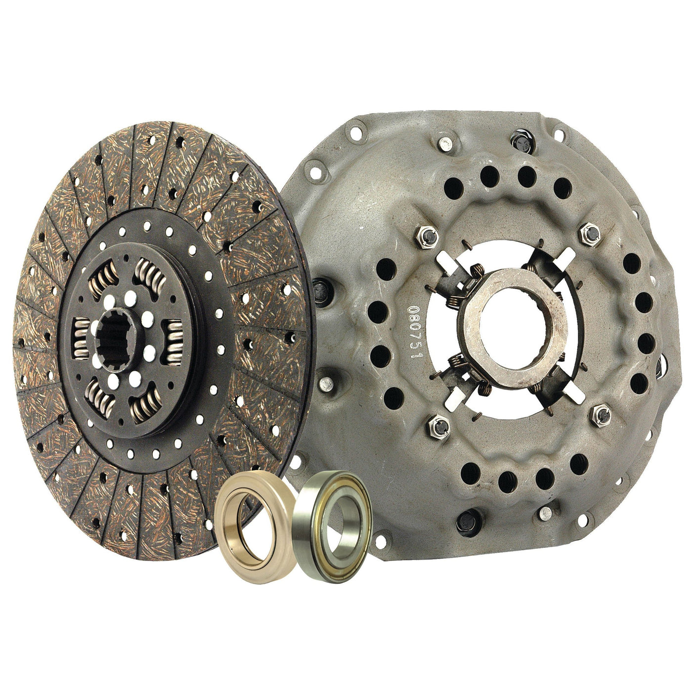 The Sparex Clutch Kit with Bearings - S.68990 includes a pressure plate, clutch disc, and release bearings, all displayed against a plain white background and featuring a single cover design with an optimal cover size.