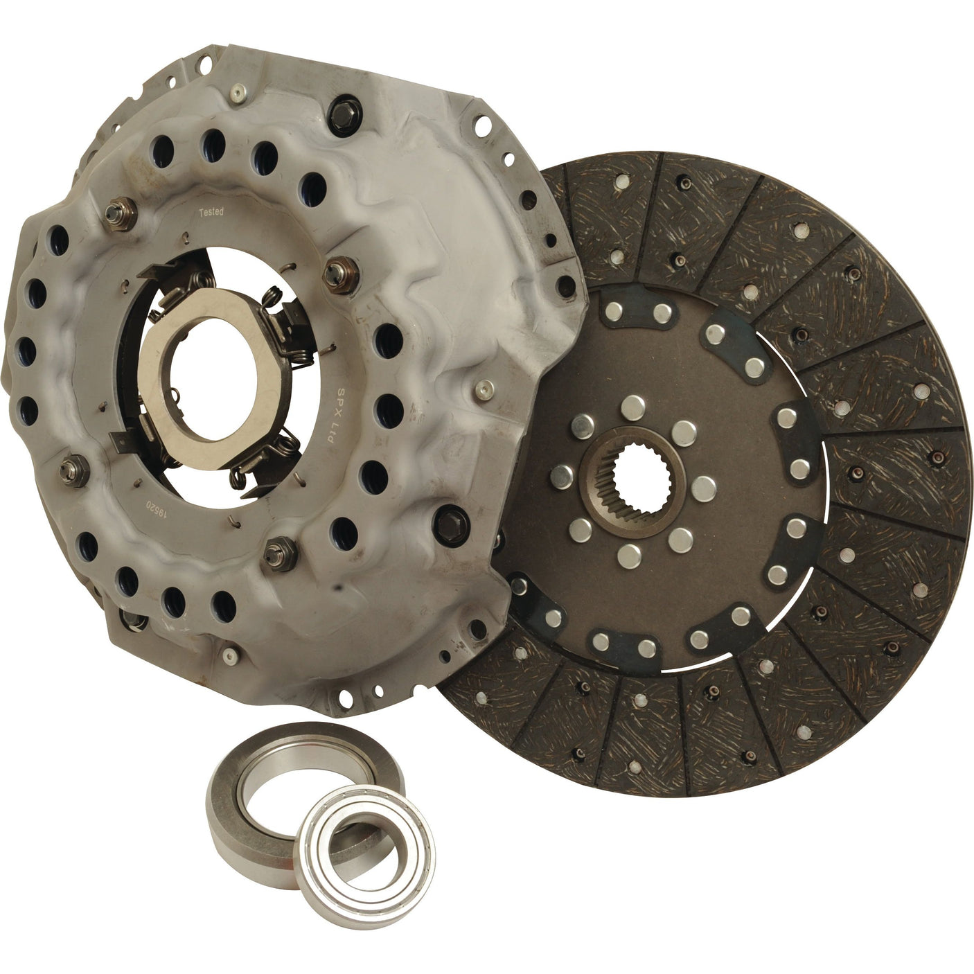 A close-up shot of the Sparex Clutch Kit with Bearings - S.68991, featuring a pressure plate, clutch disc, and release bearing arranged on a plain white background. The single cover size and loose disc size are clearly visible, showcasing the precision of each component.