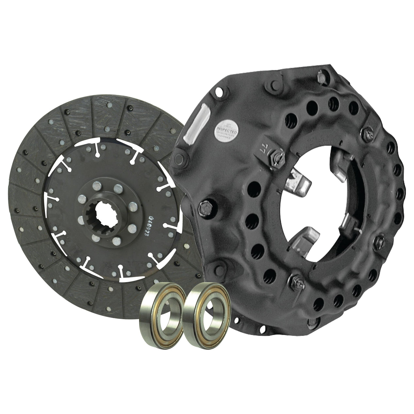 Image of the Clutch Kit with Bearings - S.68992 by Sparex, featuring a single cover, clutch disc, pressure plate, and two bearings, displayed on a white background.