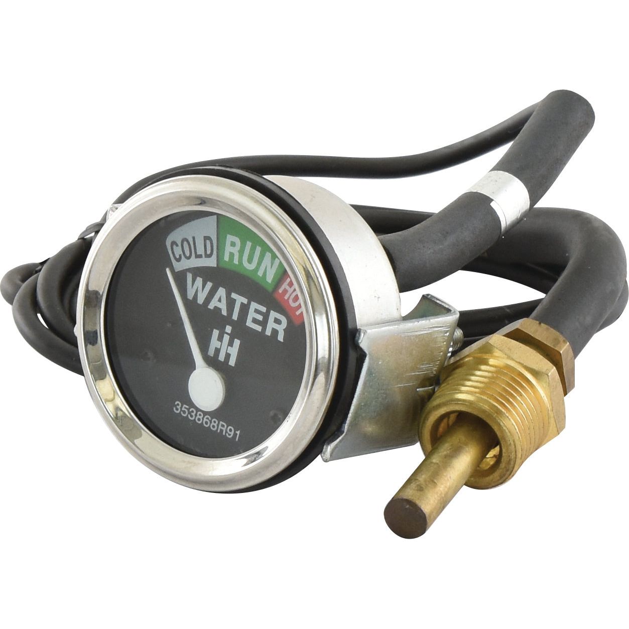 The Sparex Temperature Gauge (Sparex Part No. S.69104) features a black dial with three zones labeled "Cold," "Run," and "Hot." It includes a brass sensor connected by a black cable.