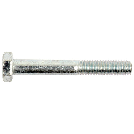 Close-up image of a Sparex Metric Bolt M6x45mm (DIN 931) with a zinc-plated metallic finish, featuring a partially threaded shaft and a hexagonal head, showcasing its impressive tensile strength.