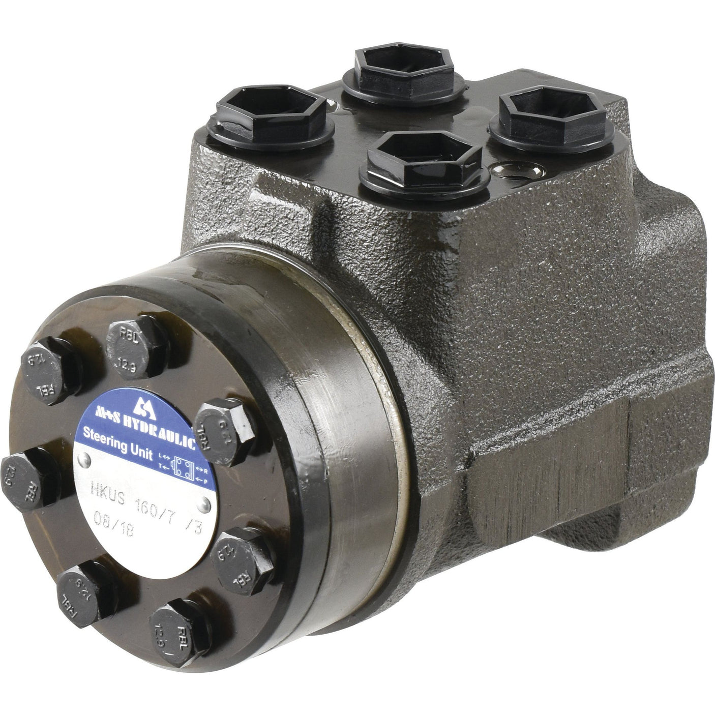 The Sparex Orbital Steering Unit (Sparex Part No. S.69126) is a square metal hydraulic steering system with a cylindrical section equipped with bolts and labeled "HKUS 160/7 08/10." It is compatible with John Deere machinery and operates at an optimal flow rate similar to the OSPC-160CN model.