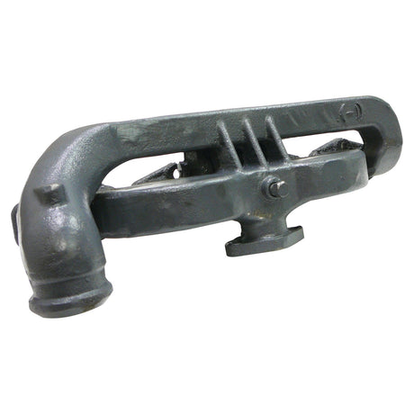 The Sparex Exhaust Manifold (4 Cyl.) | Sparex Part No. S.69129, a cast iron mechanical part for Massey Ferguson tractors, features multiple arms, a curved end, bolt holes, and ridges for secure attachment.