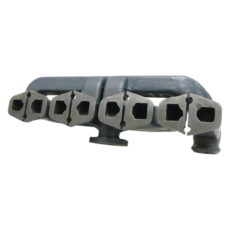 A Sparex Exhaust Manifold (4 Cyl.) | Sparex Part No. S.69129 boasts six rectangular ports, a dark gray finish, compatibility with Massey Ferguson models, and includes a mounting gasket.