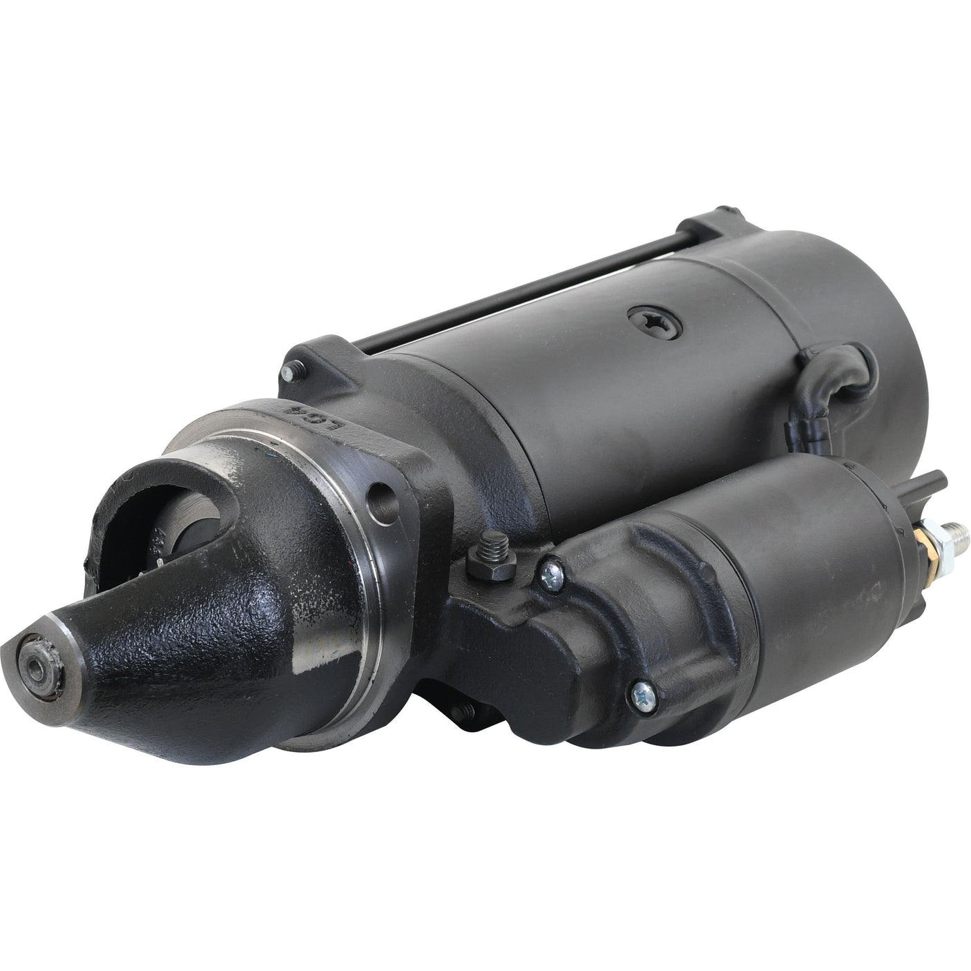 A black Starter Motor - 12V, 3.4Kw, Gear Reduced (Mahle) | Sparex Part No.S.69145 is displayed against a white background, showcasing its cylindrical shape and various connection points.