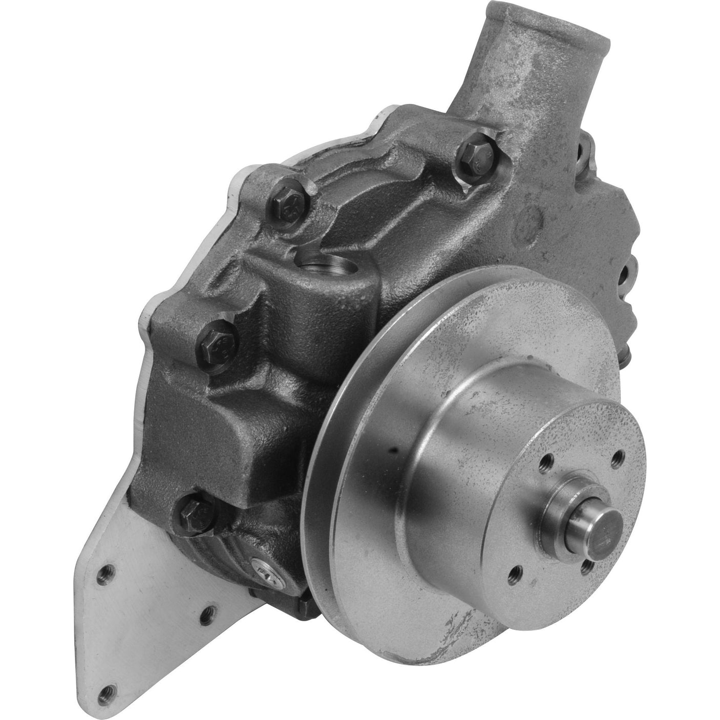 Close-up image of a Sparex Water Pump Assembly (Supplied with Pulley) featuring visible bolts and a circular V-Style Pulley, compatible with John Deere machinery, Sparex Part No.S.69160.