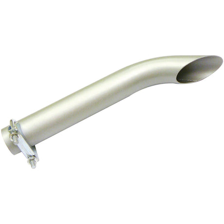 A Sparex Exhaust Extension Pipe | Sparex Part No.S.69187, featuring a curved, metallic design with a flared end and an attached mounting bracket with bolts.