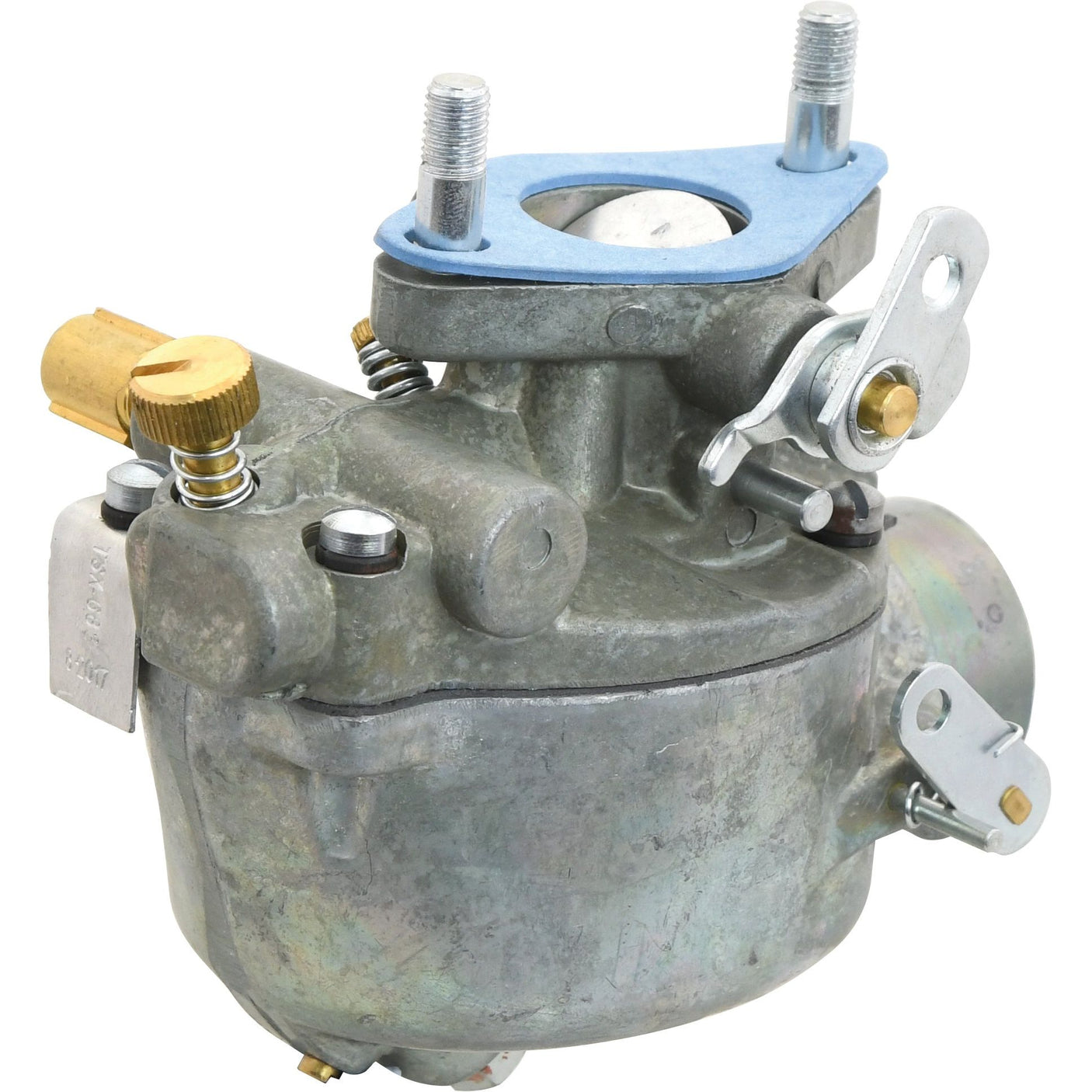 Close-up of a Sparex metal carburetor (Sparex Part No. S.69198) with various components, including a brass screw, blue gasket, and mounted bolts, suitable for Massey Ferguson or US build tractors.