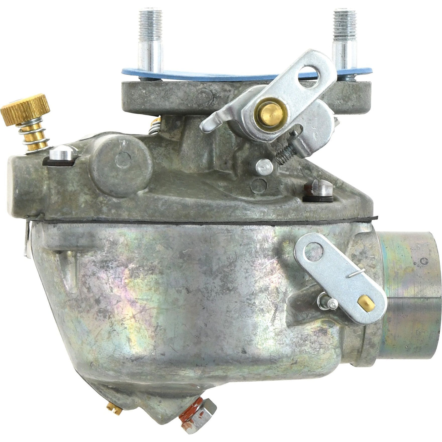 Close-up of a metal carburetor with various bolts, screws, and fittings viewed from the side. The carburetor appears used with a slightly worn surface. This Sparex Carburettor (Part No. S.69198), compatible with Massey Ferguson US-built tractors, showcases the quality Sparex is known for.