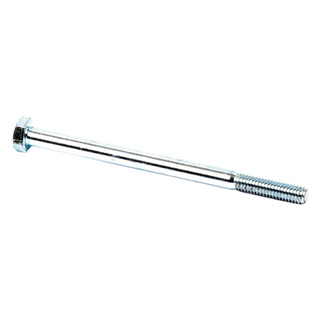 The Metric Bolt M6x100mm (DIN 931) from Sparex (Part No. S.6919) is a long, zinc-plated metal hex bolt with threading on one end, displayed on a white background, ensuring exceptional durability and resistance to corrosion.