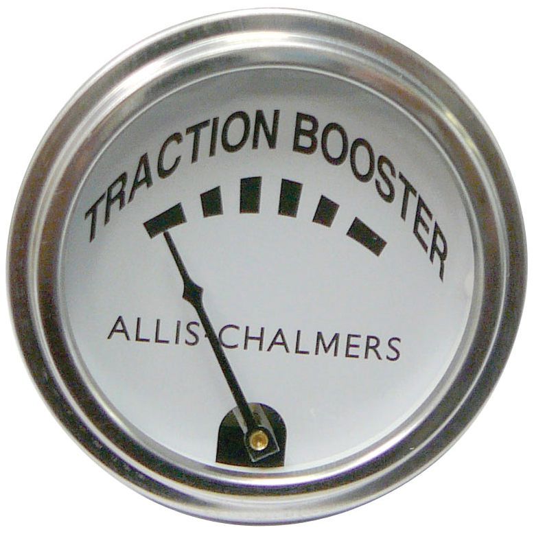 A round Traction Booster Gauge (Sparex Part No.S.69205) with the text "Sparex" and "Allis-Chalmers" indicates a low reading with the needle pointing to the left.