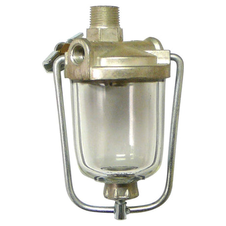 The Fuel Bowl Assembly, Sparex Part No. S.69219, showcases a transparent filter bowl with a sturdy metal frame and is equipped with an NPT male inlet fitting on the top.