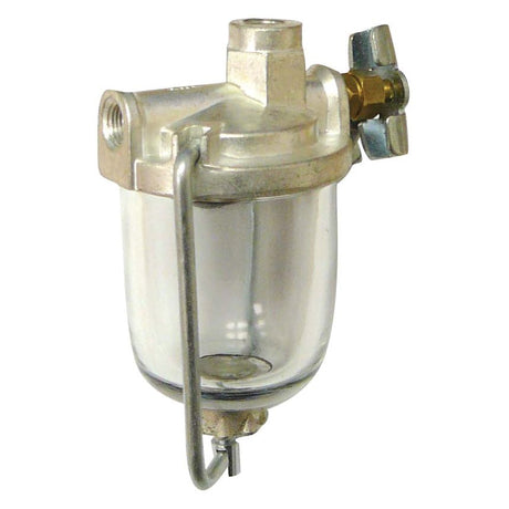 The Sparex Fuel Bowl Assembly (Sparex Part No. S.69220) features a clear cylindrical design with metal top and bottom components, a 1/8'' NPT female inlet, a side clamp, and an attached valve screw.