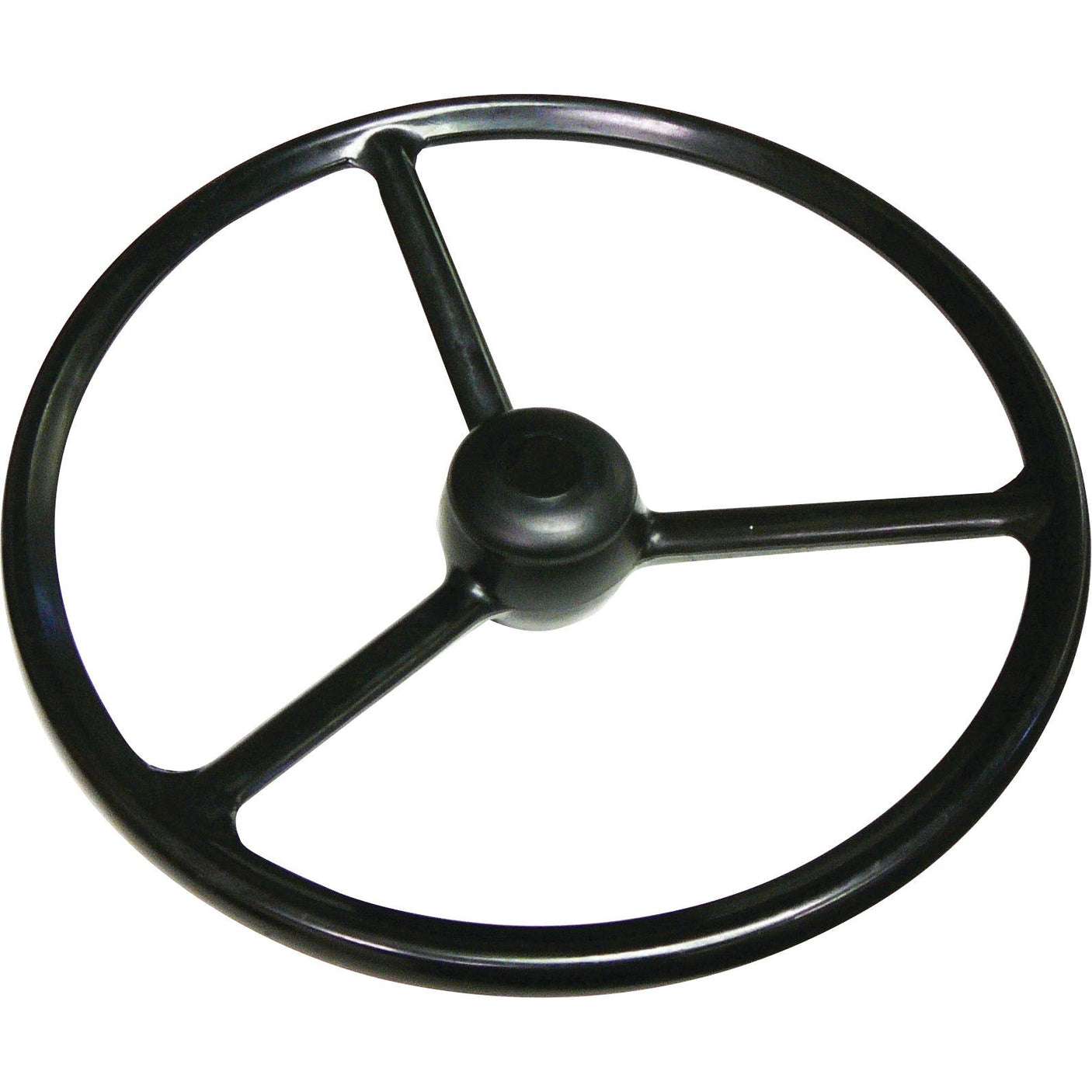 A Sparex 400mm splined steering wheel, featuring a black, three-spoke design with a solid center, ideal for industrial or agricultural machinery. (Sparex Part No. S.69230)