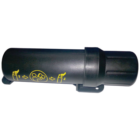 A black cylindrical tube with a capped end and yellow instructions printed on its side, reminiscent of an instruction manual, branded as the Sparex Document Holder - S.69248.