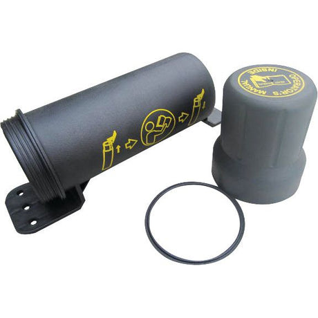 The Sparex Document Holder - S.69248 is a black canister with a screw cap, featuring an O-ring and yellow instructional symbols that indicate how to open it, almost like a concise instruction manual.