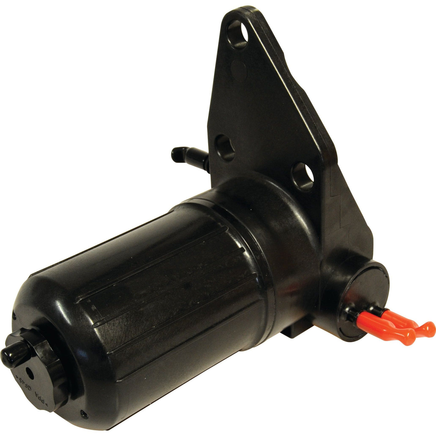 The Sparex Fuel Lift Pump (Part No. S.69257) features a black cylindrical body with a mounting plate and two connectors, one of which is capped with an orange plug. This durable component is ideal for Perkins 1103 engines.