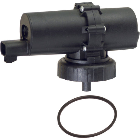 The Sparex Electric Fuel Pump (Sparex Part No. S.69258) for John Deere vehicles is displayed, featuring a black cylindrical plastic part and an accompanying circular rubber ring. This essential automotive component includes a connector and multiple screws for assembly.