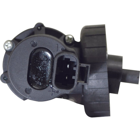 Close-up view of a black plastic electrical connector with a cylindrical attachment on the right side and visible screws, part of the Fuel Pump - Electric (Sparex Part No.S.69258) commonly found in John Deere machinery's electric systems.