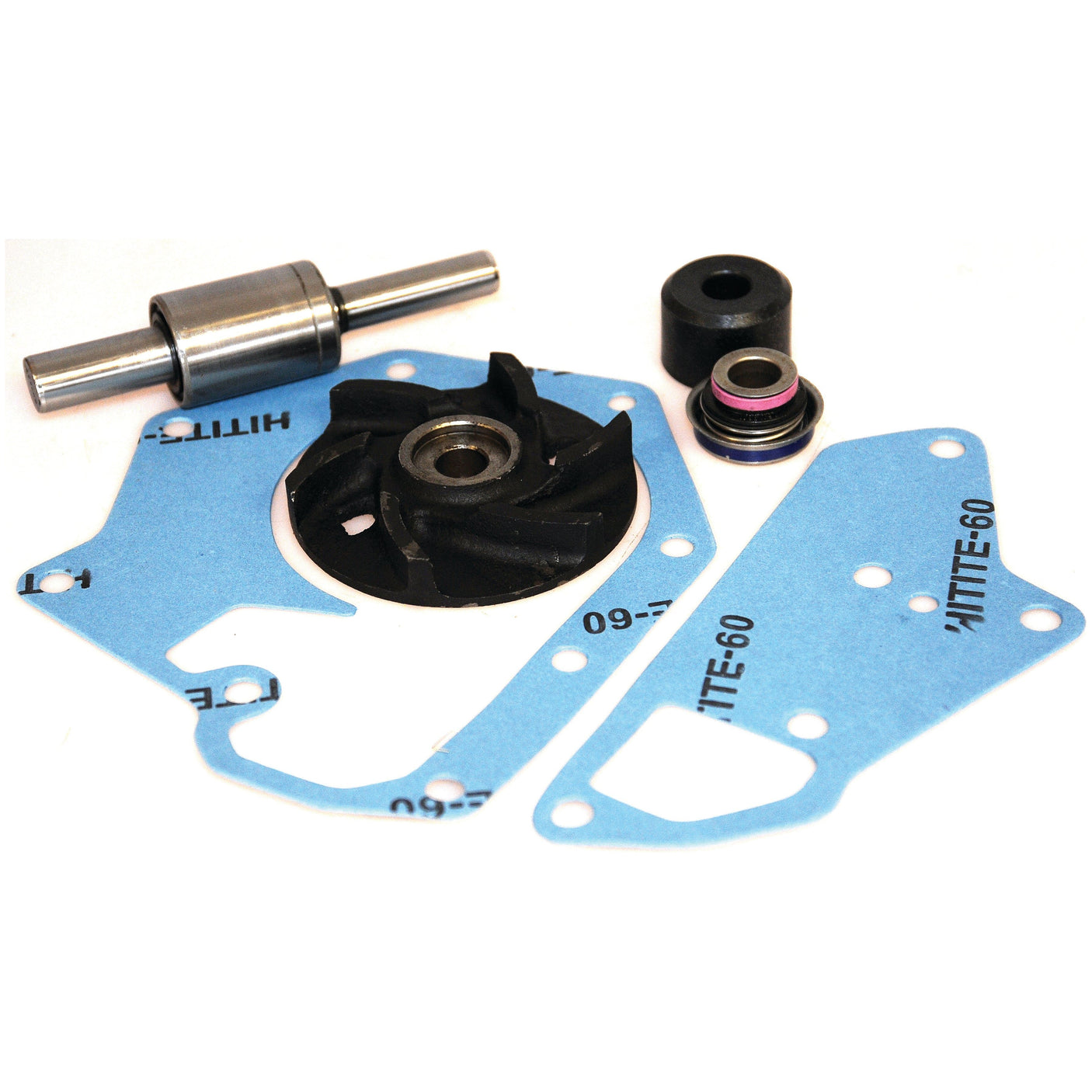 A Water Pump Repair Kit from Sparex, featuring a metal shaft, black impeller, blue gaskets, and small seals, is meticulously arranged on a white background. The product is listed under Sparex Part No. S.69271.