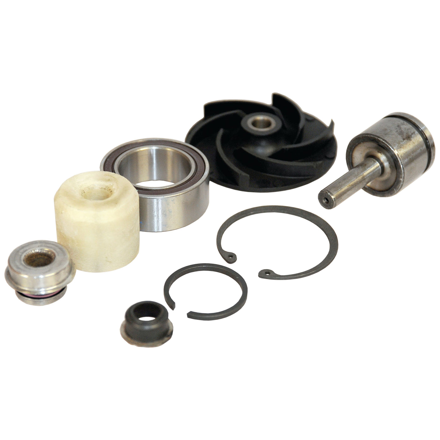 Assorted mechanical parts including a bearing, impeller, seal, and various washers and rings arranged on a white background—perfect for your Sparex Water Pump Repair Kit (Part No. S.69274).