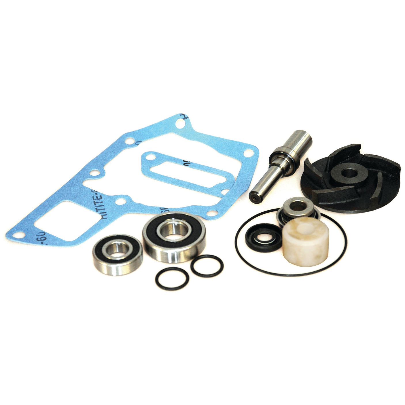 A collection of automotive parts, including gaskets, bearings, seals, a shaft, a valve, and various rubber O-rings from the Sparex Water Pump Repair Kit (Part No. S.69277) for John Deere tractors, arranged neatly on a white background.