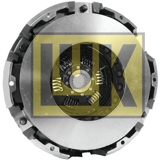 Close-up of a mechanical clutch assembly with visible springs and metal components, featuring a semi-transparent yellow "Sparex" logo overlaid. The Clutch Pressure Plate | Sparex Part No.S.69278 is meticulously engineered, showcasing the precision typical of John Deere machinery.