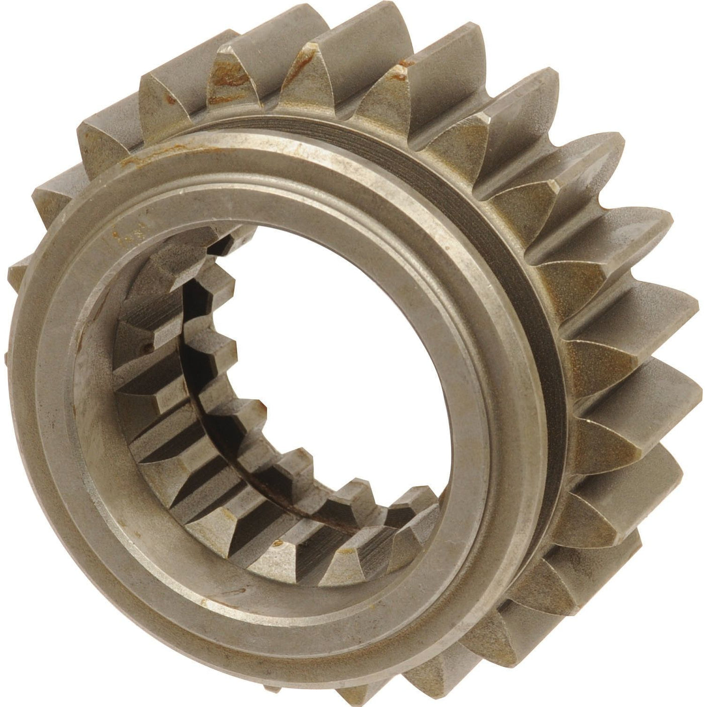 Close-up image of the Transmission Gear, Sparex Part No. S.69286, featuring metallic construction with angled teeth and a hollow center, specifically designed for Ford New Holland machinery. The gear has an industrial, machined appearance, making it an essential Sparex component.