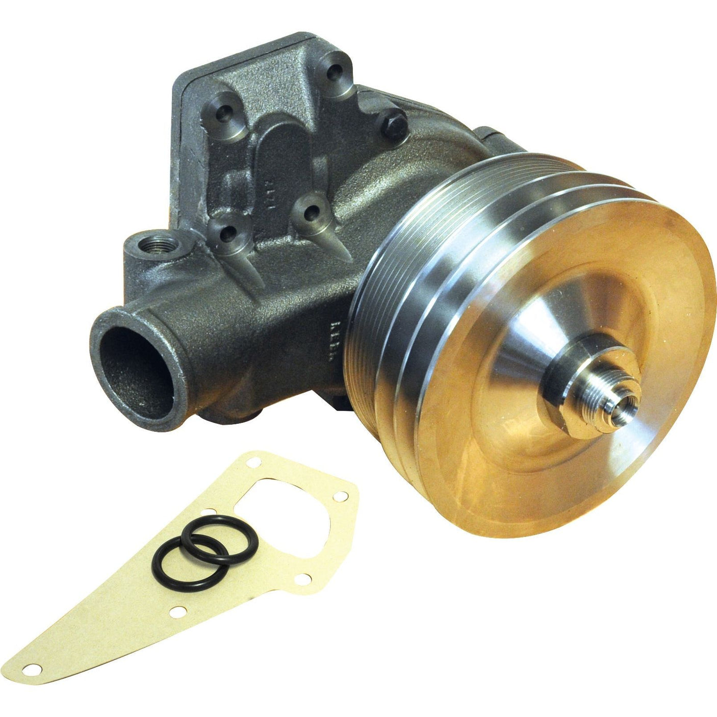 A Sparex Water Pump Assembly (Supplied with Pulley) on a white background, featuring a shiny Poly-Vee Pulley and including accessories such as two O-rings and a gasket, compatible with Valmet & Valtra, Sparex Part No.S.69308.