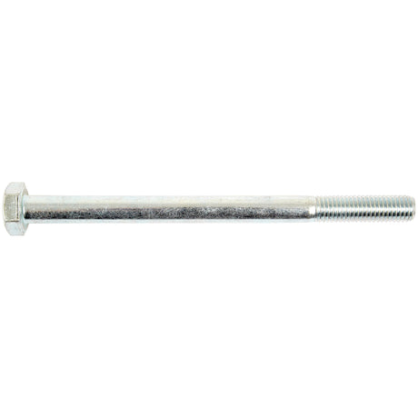 A close-up of a Sparex Metric Bolt M10x140mm (DIN 931) | Sparex Part No.S.6946, featuring a partially threaded shaft and zinc plating for added durability, on a white background.