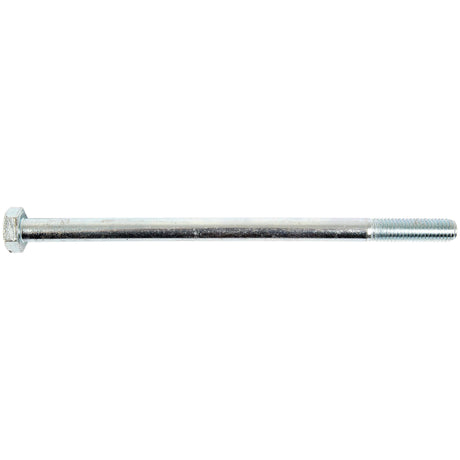 The Sparex Metric Bolt M10x180mm (DIN 931) | Sparex Part No. S.6949 is a long metal bolt that features a hexagonal head on one end and a threaded section on the other, with a Zinc Plated finish and available in Metric Coarse 10mm size.