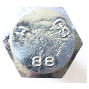 Close-up of a metallic hex bolt head. The top is engraved with the numbers "88" and letters "3G". This Grade 8.8 metric bolt M14x70mm (DIN 931) by Sparex, featuring a zinc-plated surface, shows some wear and scratch marks.