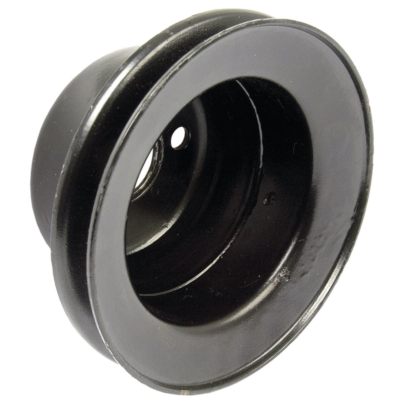 The Sparex Water Pump Pulley (Part No. S.69802) is a black metal component featuring a smooth, circular groove in the center and a hole for mounting or attaching hardware, making it ideal for compatible Sparex or Allis Chalmers equipment.