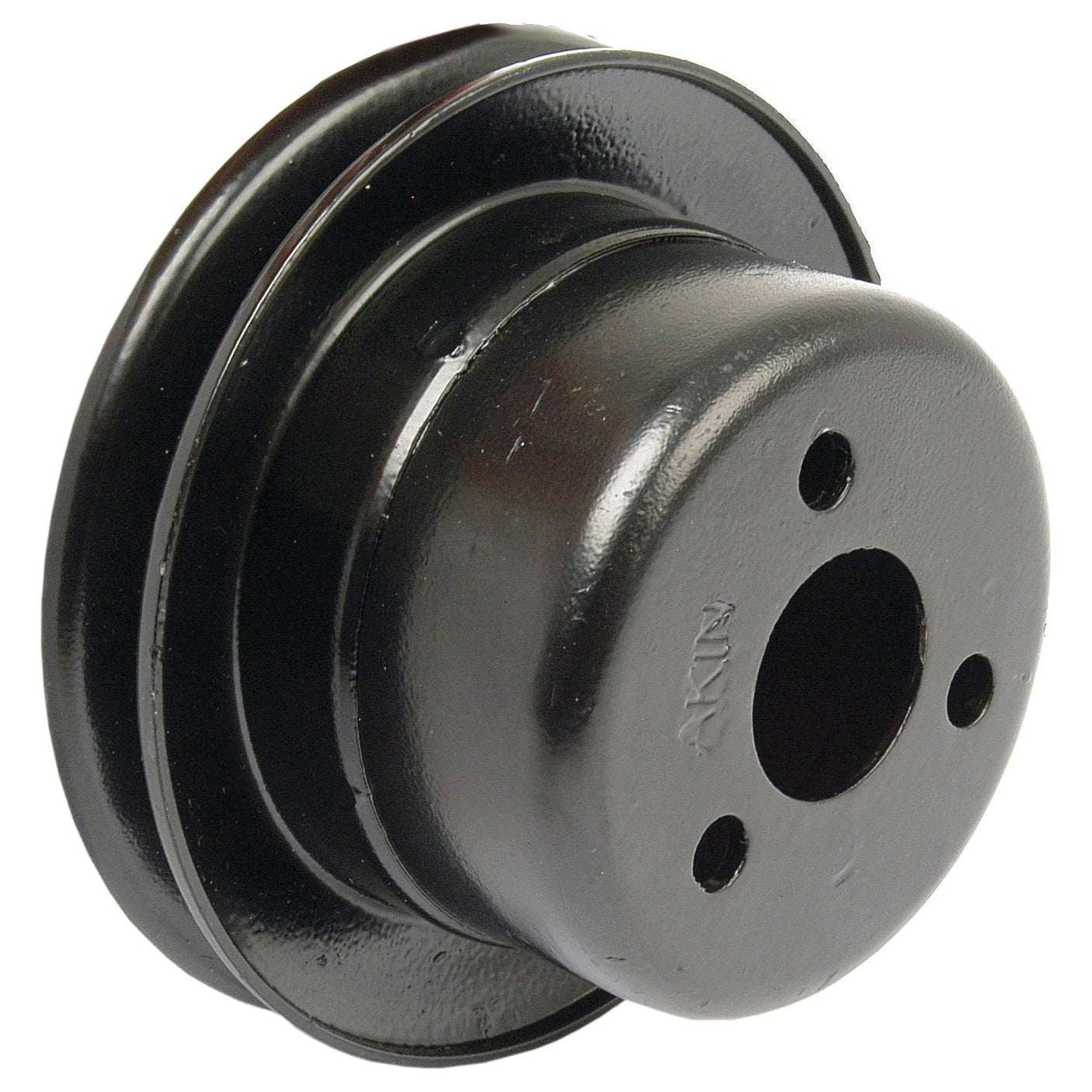 Close-up image of a black metal Water Pump Pulley from Sparex (Part No. S.69802) with a smooth surface and multiple holes, reminiscent of the robust designs seen in Allis Chalmers machinery.