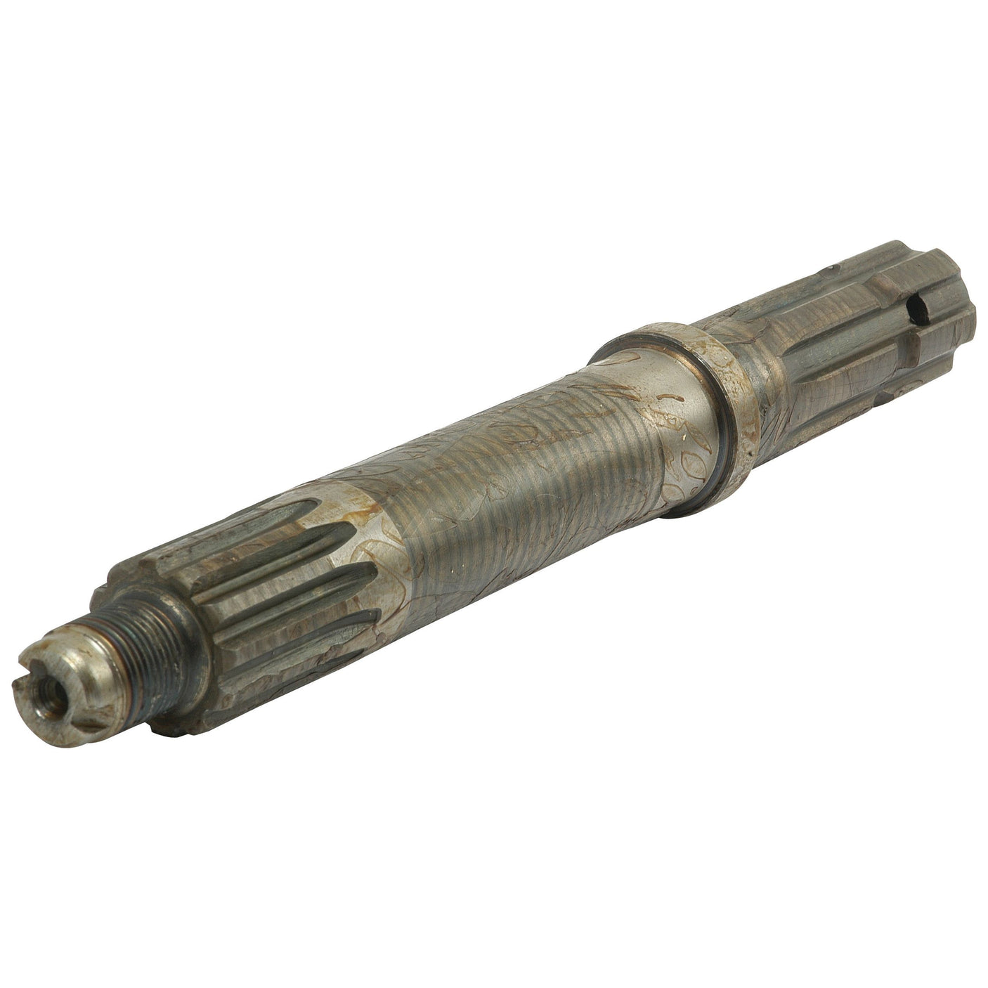 The PTO Shaft - S.69866 from Sparex features a cylindrical metal shape with grooved ends, displaying signs of wear and corrosion.