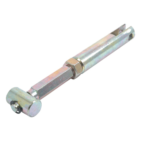 The Brake Adjuster Assembly (Sparex Part No.S.69881) from Sparex features a metal turnbuckle with an adjustable threaded body and a cylindrical attachment at one end, commonly used for precise adjustments in tractor parts.