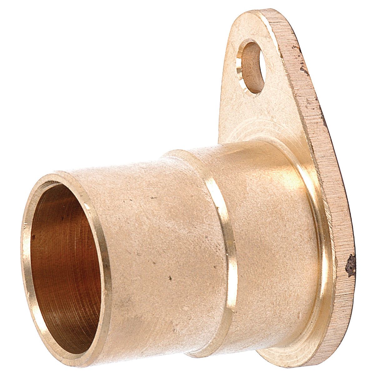 The Brake Shaft Bush, Sparex Part No. S.69884, is a brass plumbing fitting featuring a cylindrical opening and a flat flange with a bolt hole, perfect for brake shaft bush applications on Universal Tractors, available from Sparex.