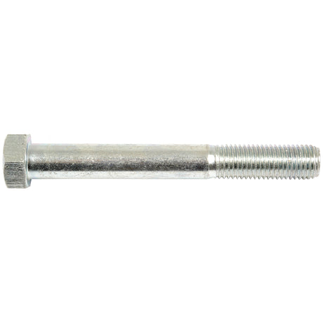 The Sparex Metric Bolt M16x130mm (DIN 931) | Sparex Part No.S.6988 is a metallic hexagonal head bolt with a partially threaded shaft, zinc-plated for durability, displayed on a white background.