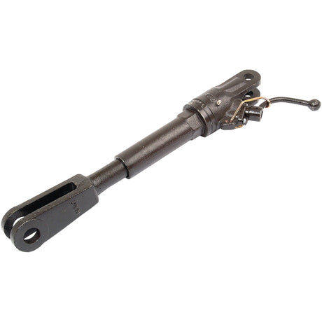 Image of the Sparex Levelling Box Assembly (Fork Hole Ø 18mm- Fork Hole Ø 26mm, Min. Length: 495mm, M20x2.5 Metric - Sparex Part No.S.69897) featuring a yoke and pin at one end with a mounting bracket and retaining clip at the other, suitable for Fiat 550 machinery.