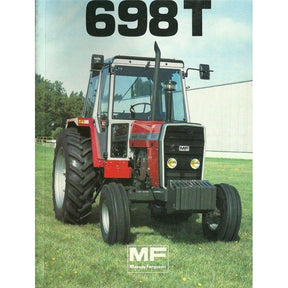 Image of a genuine Massey Ferguson - 698T tractor on grass with a blue sky and a building in the background. Large text "698T" appears at the top. Brand Name: AGCO. Product featured: Massey Ferguson - 698T Operators Manual - 1646535M1.